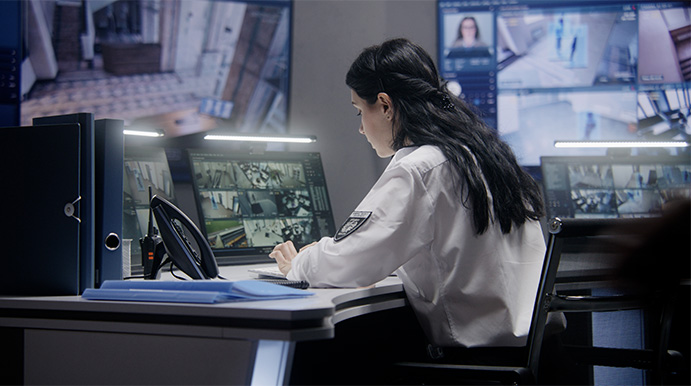 Photo of a female security guard sitting and a desk with monitors